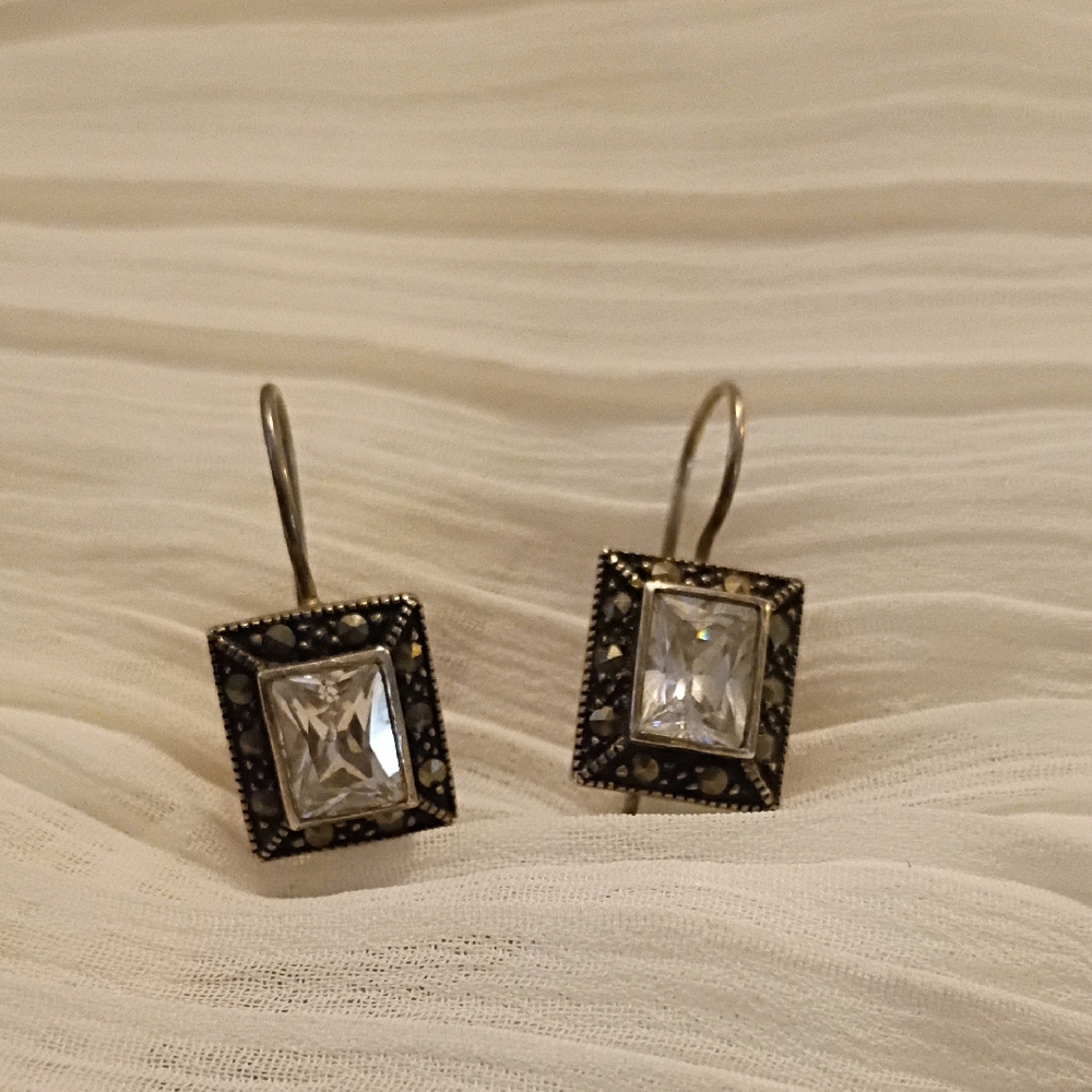 Elegant Silver And Black Rectangular Earrings - image 1